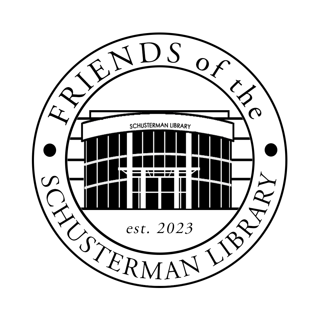 Logo for Friends of the Schusterman Library showing an outline of the library building from the front view